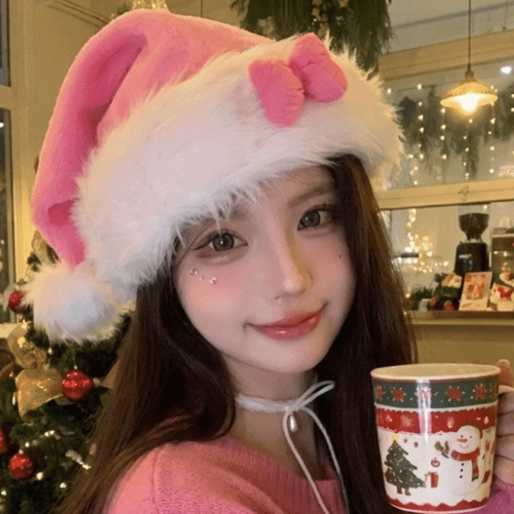 Santa Hat Plush - Chic Star Pattern Pink Bow Santa